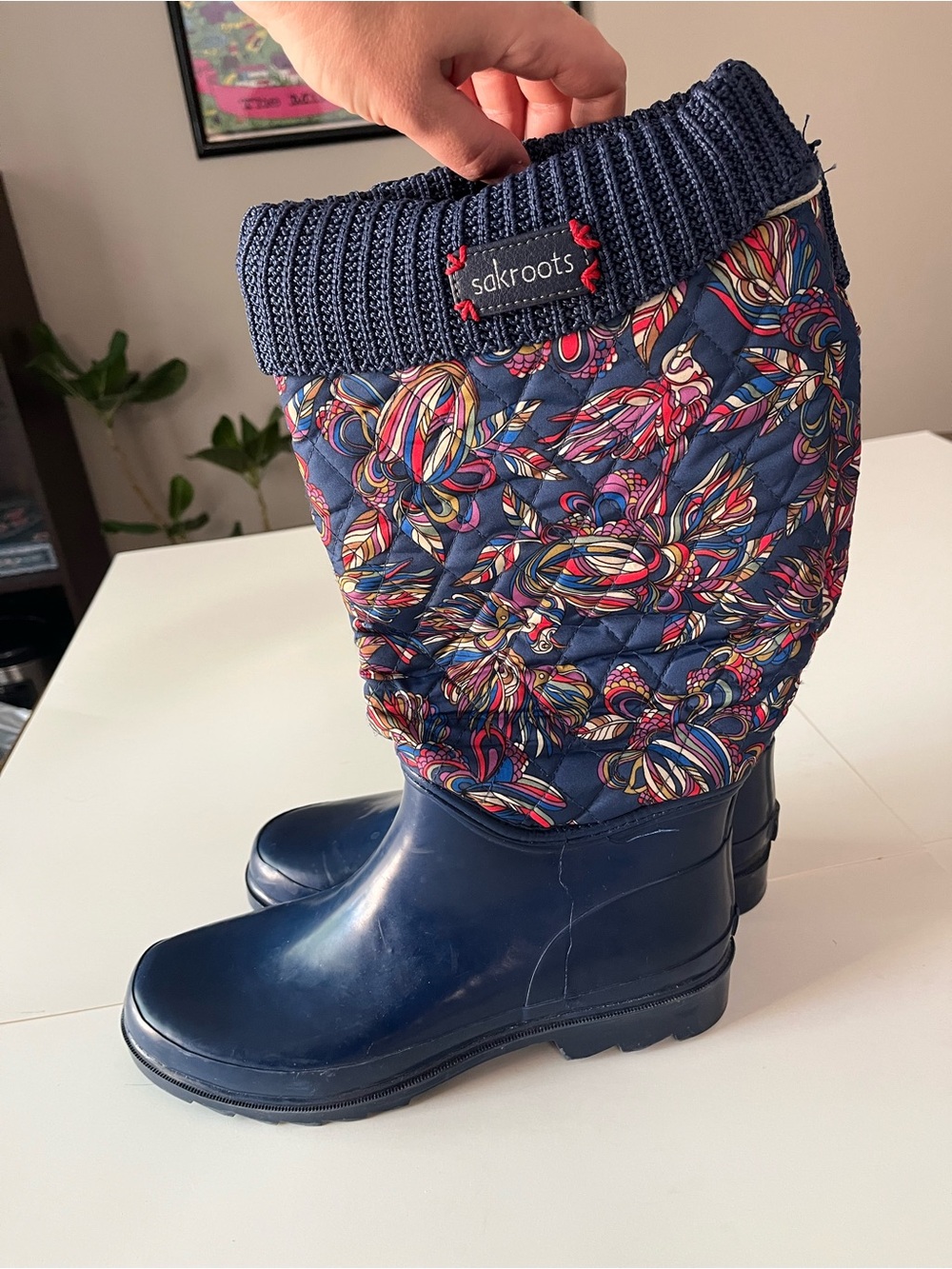 Sakroots Navy Quilted Floral-Print Tall Rain Boots with Knit Cuff